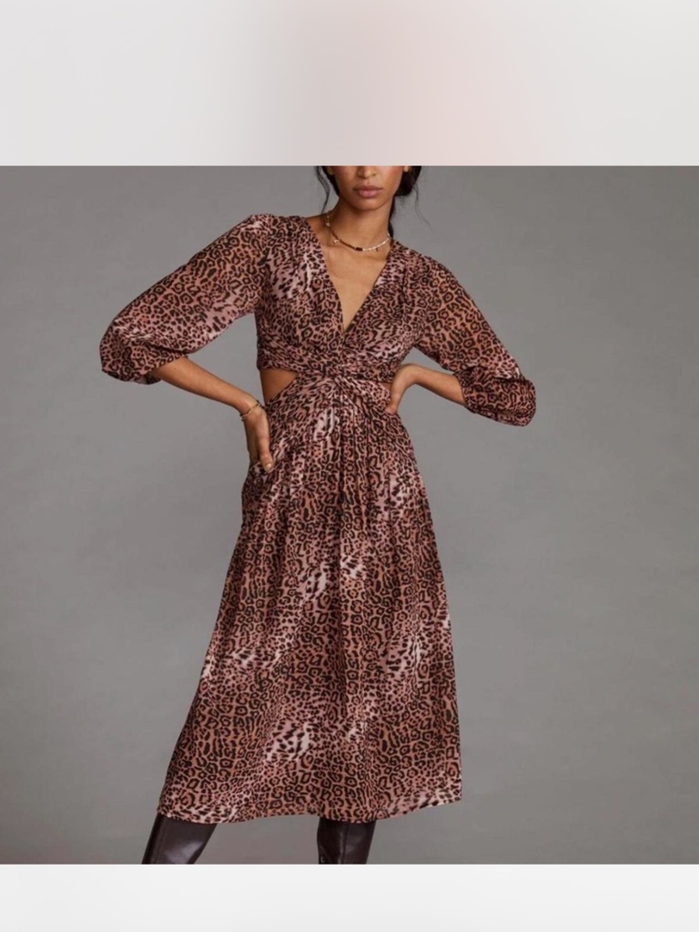 Anthropologie Ranna Gill Brown Leopard-Print Twist-Waist Midi Dress